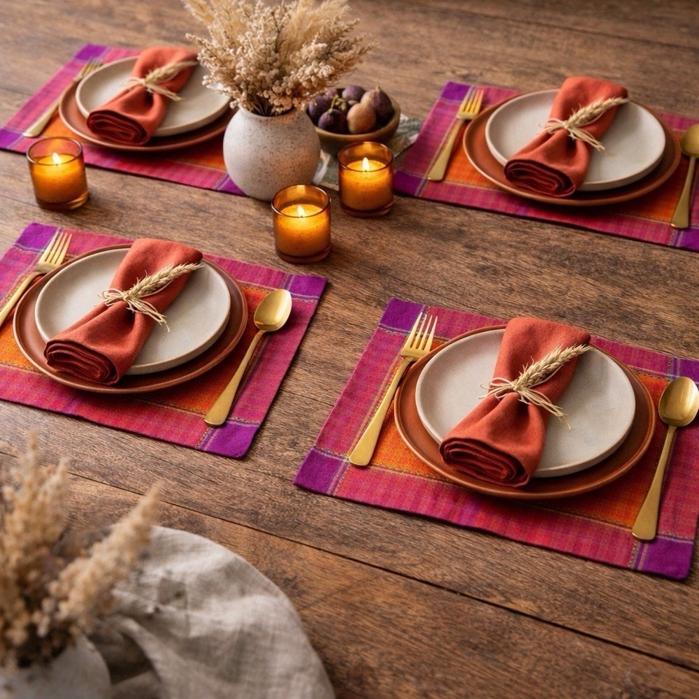 Set of 4 World Market Cotton Placemats India Bright Boho Orange Purple Woven